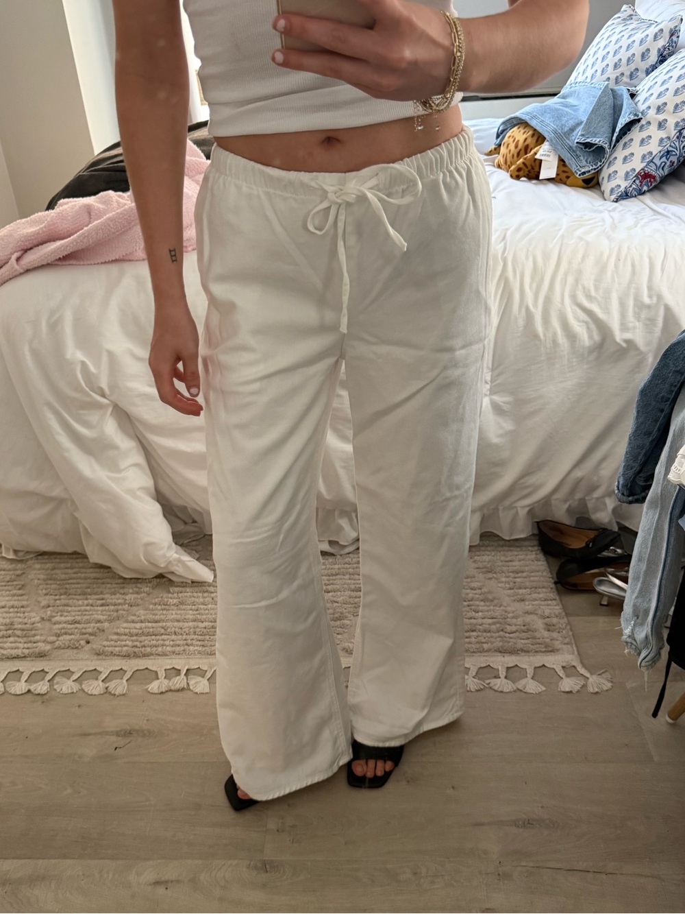 NWT H&M White Cream Tie Waist Wide-Leg Jeans